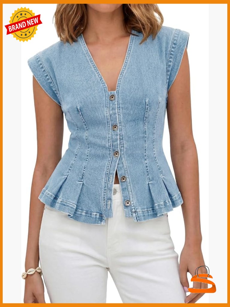 Women's Sleeveless Denim Vest V Neck Slim Fit Peplum Top Button Down Casual